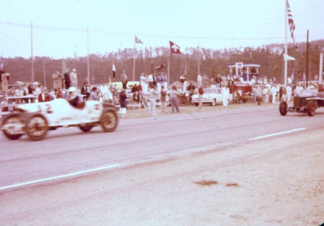 Car 2 Lindley Bothwell Sr owner, 1908 Benz followed by Walt Rosenthal driving a 1914 Peugeot A.C.F Grand Prix car. 1953